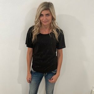 Black Short Sleeve Sequin Top - Size Small